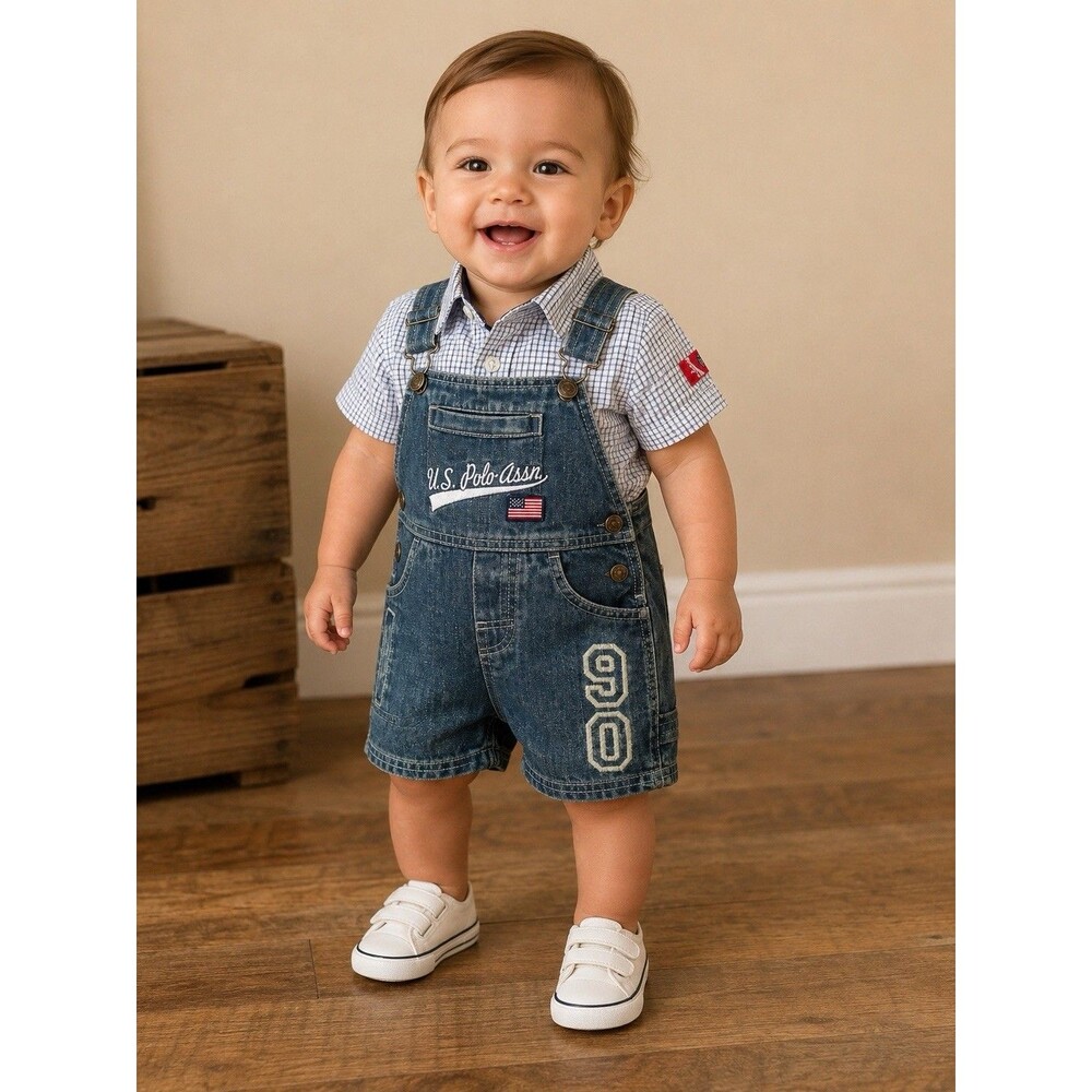 U.S. Polo Assn. Baby Denim Overall 12 Months American Flag Embroidered Cotton